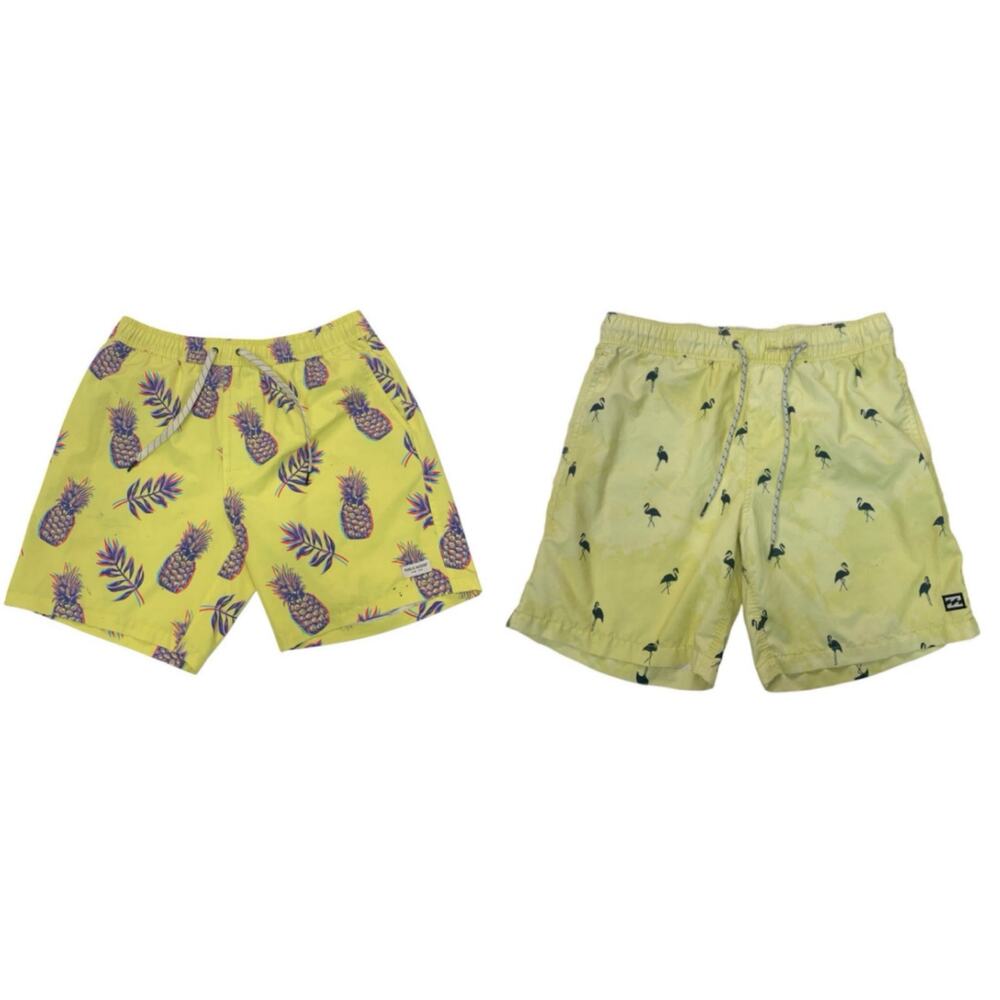 2 Yellow Mens Medium Pineapple Drawstring Waist Unlined Swim Shorts Trunks